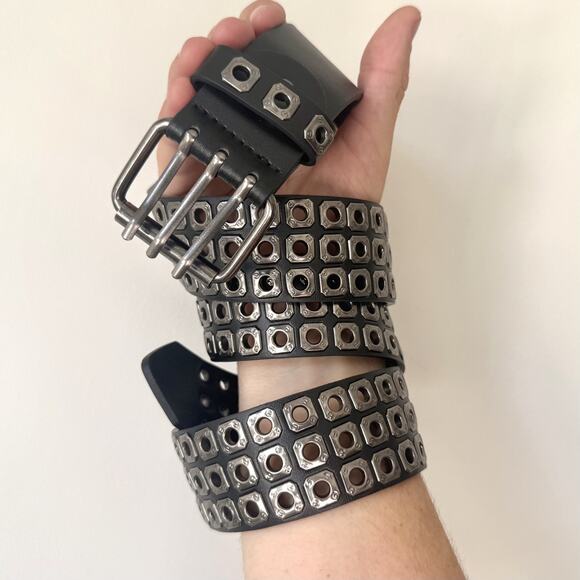 vintage black silver rivet american western cowboy boho belt - Picture 9 of 10